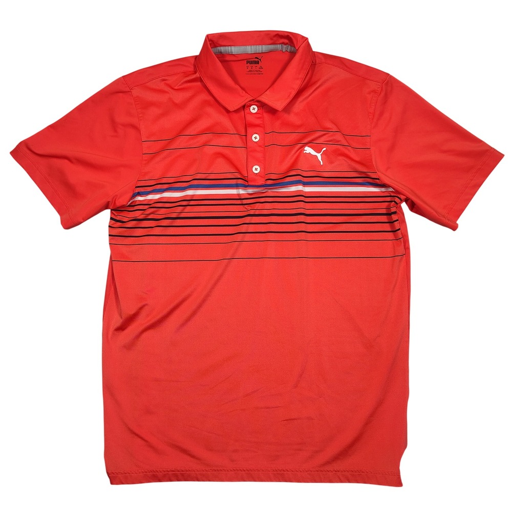 Puma Golf Polo Shirt Mens Size M Red Striped Short Sleeve Performance Polyester‎